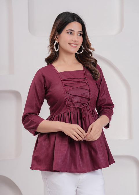 Women Burgundy Printed V-Neck Peplum Top