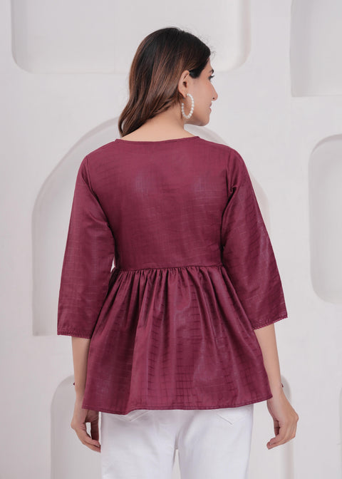 Women Burgundy Printed V-Neck Peplum Top