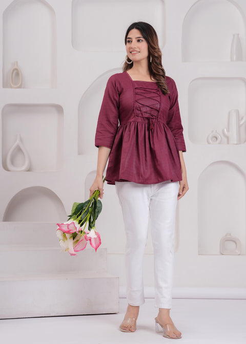 Women Burgundy Printed V-Neck Peplum Top