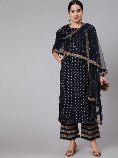Navy Blue Gold Printed Straight Kurta Set With Net Dupatta for Women