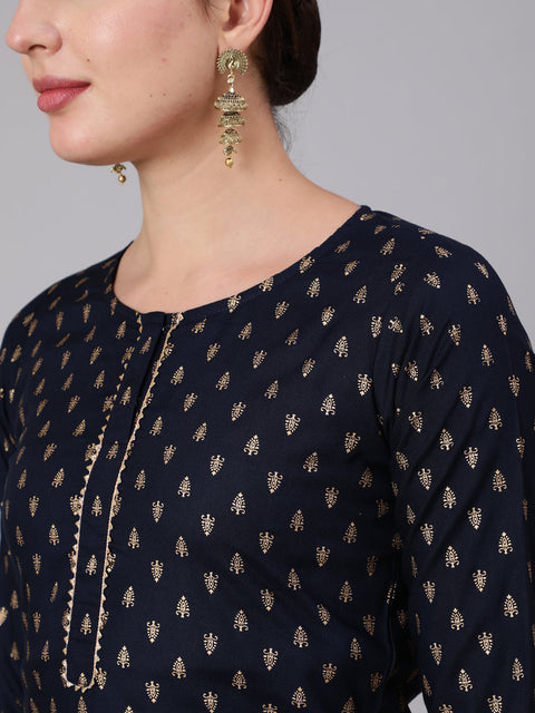 Navy Blue Gold Printed Straight Kurta Set With Net Dupatta for Women