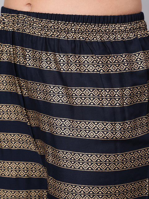 Navy Blue Gold Printed Straight Kurta Set With Net Dupatta for Women