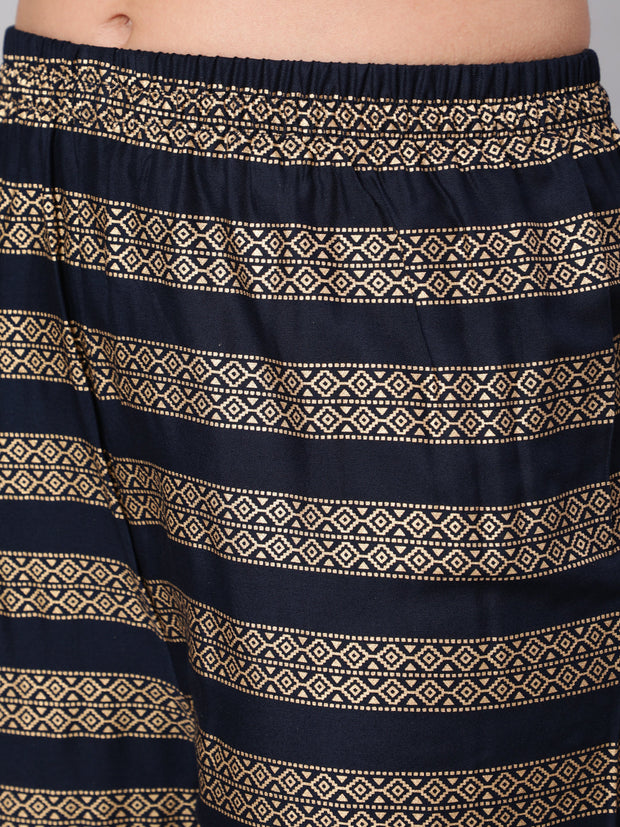 Navy Blue Gold Printed Straight Kurta Set With Net Dupatta for Women
