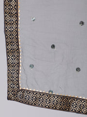Navy Blue Gold Printed Straight Kurta Set With Net Dupatta for Women
