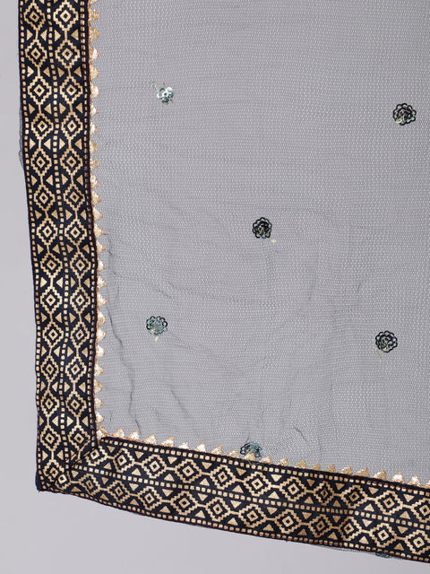 Navy Blue Gold Printed Straight Kurta Set With Net Dupatta for Women