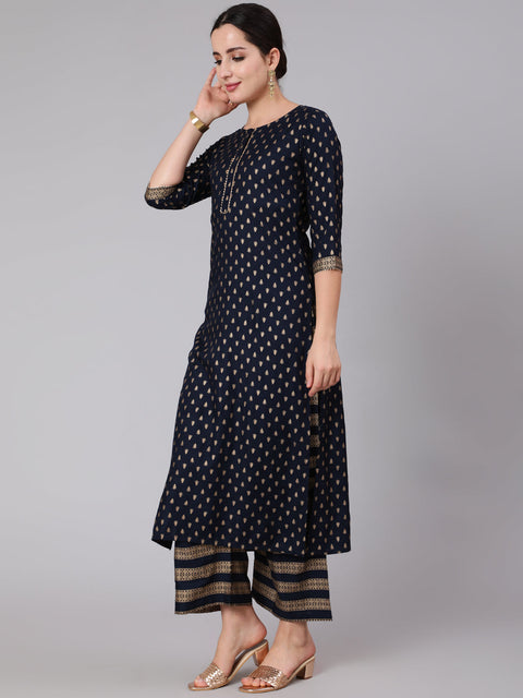 Navy Blue Gold Printed Straight Kurta Set With Net Dupatta for Women