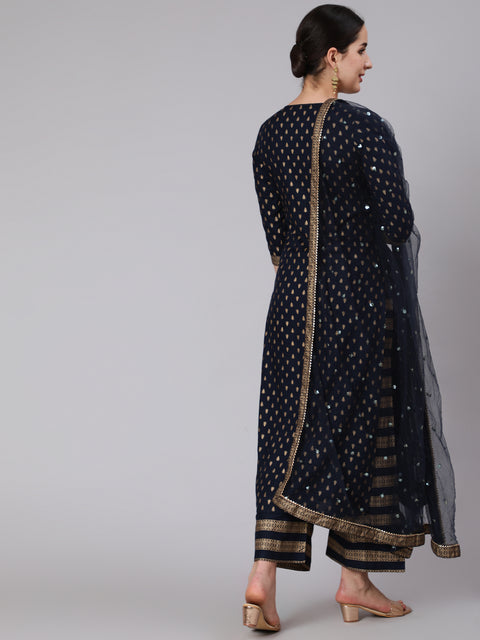 Navy Blue Gold Printed Straight Kurta Set With Net Dupatta for Women