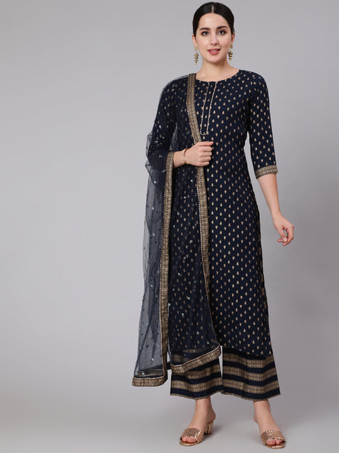 Navy Blue Gold Printed Straight Kurta Set With Net Dupatta for Women