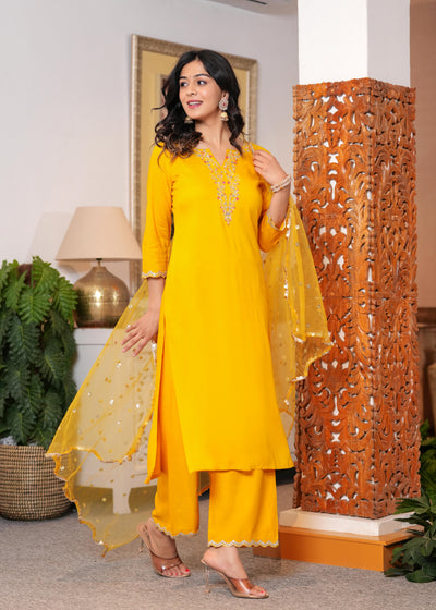 Yellow Embroidered Straight Kurta With Palazzo And Dupatta For Women