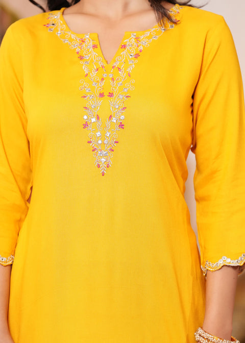 Yellow Embroidered Straight Kurta With Palazzo And Dupatta For Women