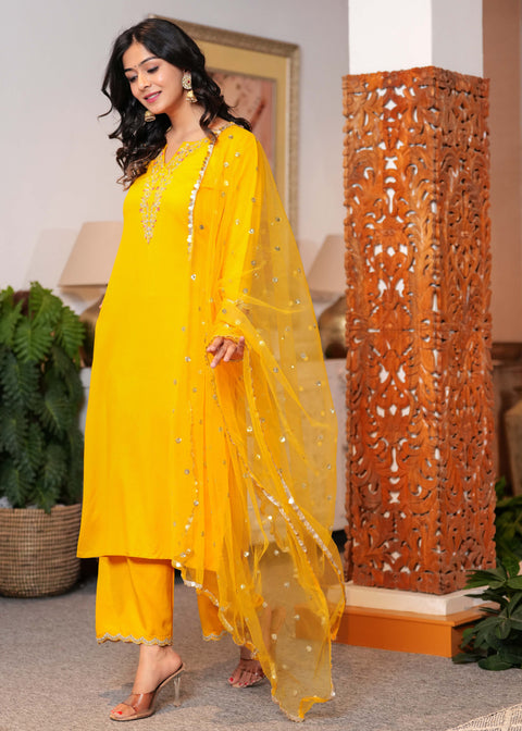 Yellow Embroidered Straight Kurta With Palazzo And Dupatta For Women