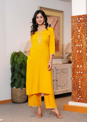 Yellow Embroidered Straight Kurta With Palazzo And Dupatta For Women