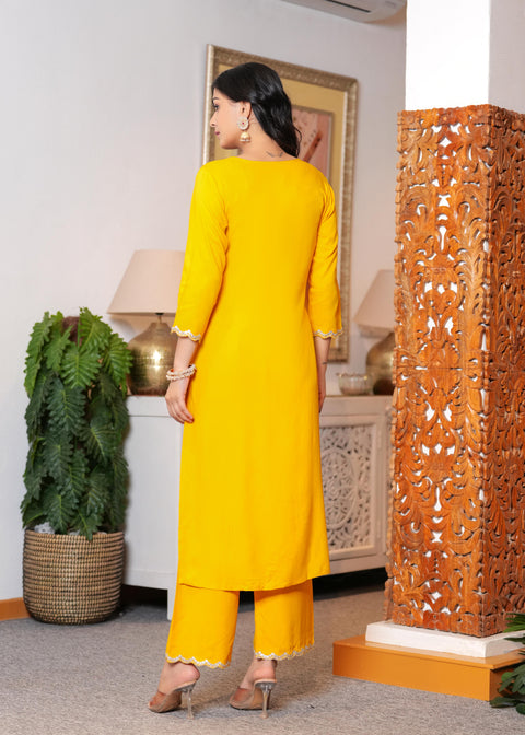 Yellow Embroidered Straight Kurta With Palazzo And Dupatta For Women