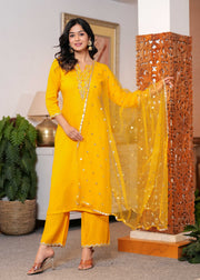 Yellow Embroidered Straight Kurta With Palazzo And Dupatta For Women
