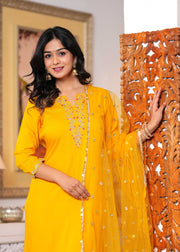 Yellow Embroidered Straight Kurta With Palazzo And Dupatta For Women