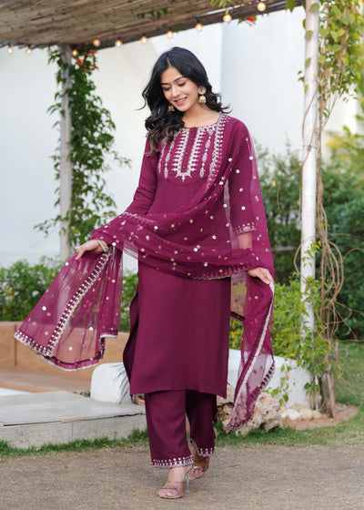 Burgundy Embroidered Straight Kurta With Palazzo And Dupatta For Women