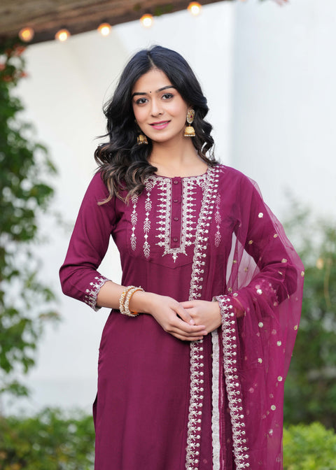 Burgundy Embroidered Straight Kurta With Palazzo And Dupatta For Women