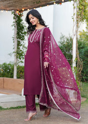 Burgundy Embroidered Straight Kurta With Palazzo And Dupatta For Women