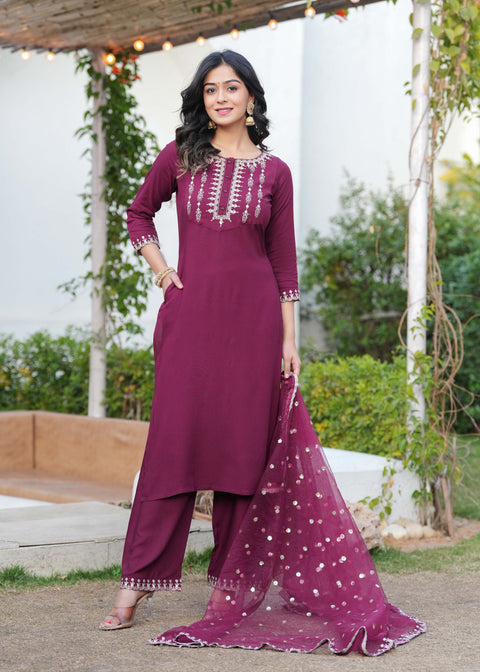 Burgundy Embroidered Straight Kurta With Palazzo And Dupatta For Women