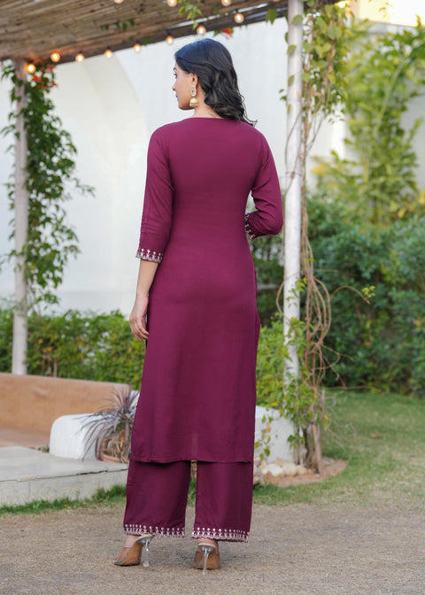 Burgundy Embroidered Straight Kurta With Palazzo And Dupatta For Women