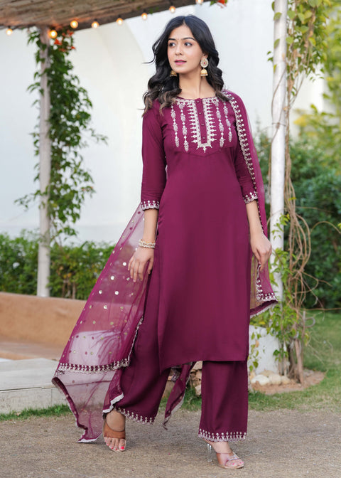 Burgundy Embroidered Straight Kurta With Palazzo And Dupatta For Women