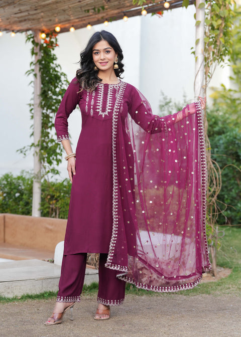 Burgundy Embroidered Straight Kurta With Palazzo And Dupatta For Women
