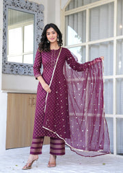 Burgundy Gold Printed Straight Kurta Set With Net Dupatta for Women