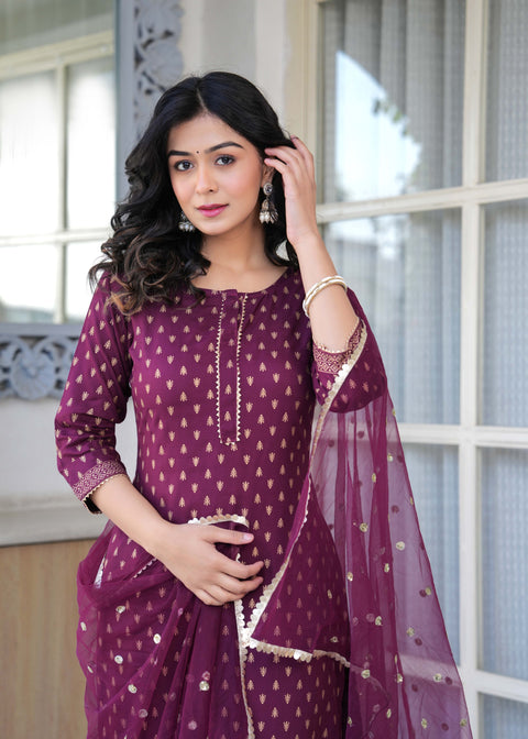 Burgundy Gold Printed Straight Kurta Set With Net Dupatta for Women