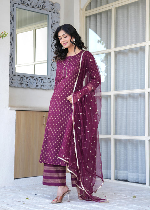 Burgundy Gold Printed Straight Kurta Set With Net Dupatta for Women