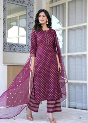 Burgundy Gold Printed Straight Kurta Set With Net Dupatta for Women