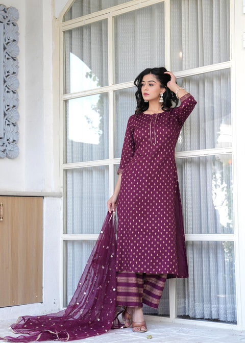 Burgundy Gold Printed Straight Kurta Set With Net Dupatta for Women