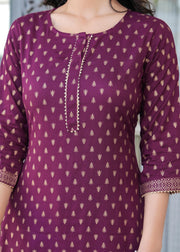 Burgundy Gold Printed Straight Kurta Set With Net Dupatta for Women