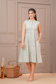 Sage Green Ethnic Printed Flared Dress for Women