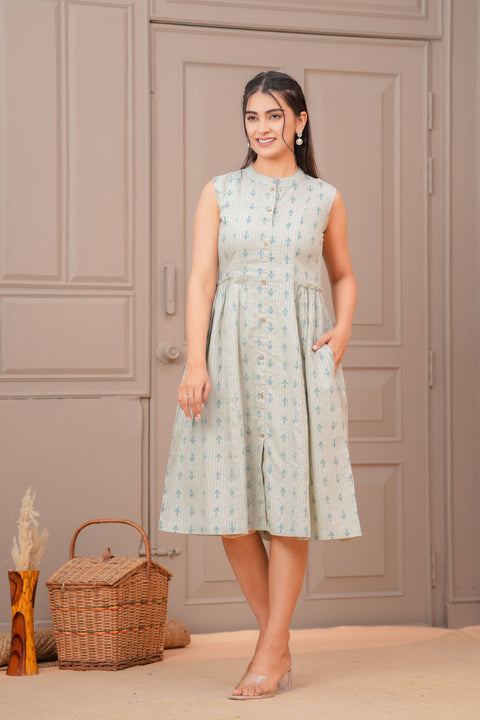 Sage Green Ethnic Printed Flared Dress for Women