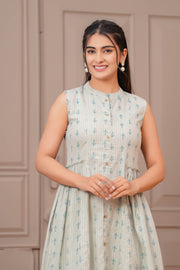 Sage Green Ethnic Printed Flared Dress for Women