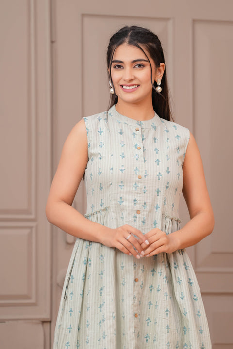 Sage Green Ethnic Printed Flared Dress for Women