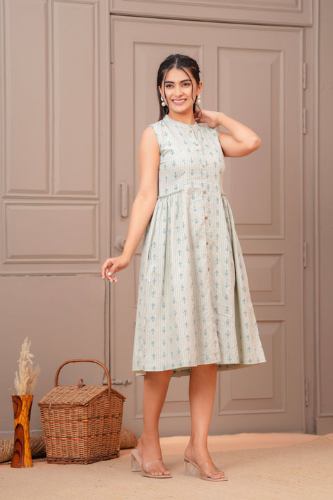 Sage Green Ethnic Printed Flared Dress for Women