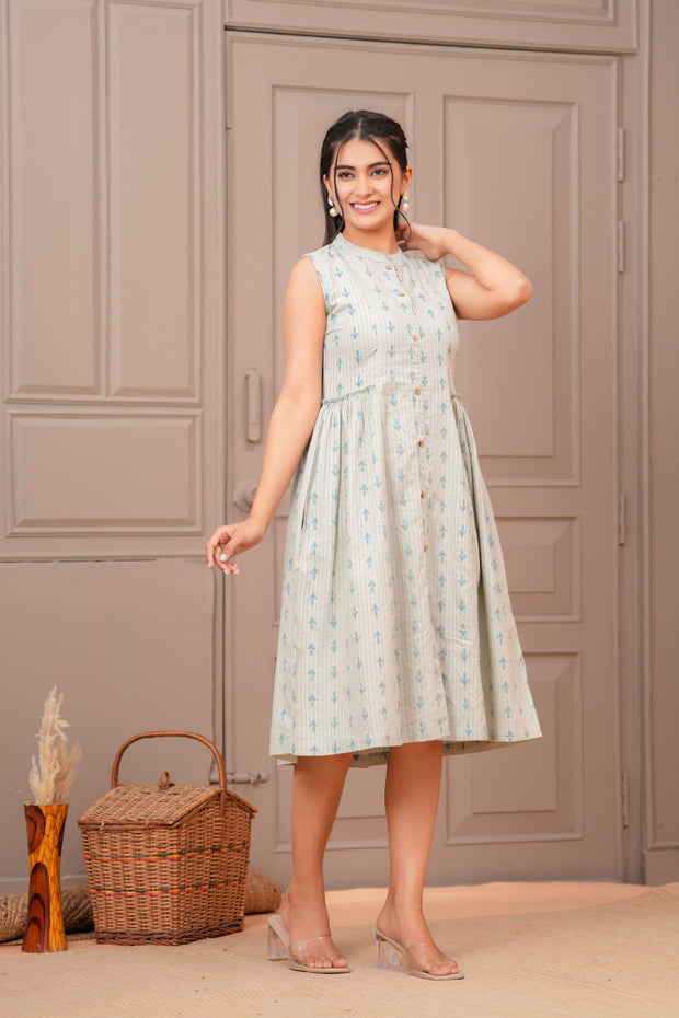 Sage Green Ethnic Printed Flared Dress for Women
