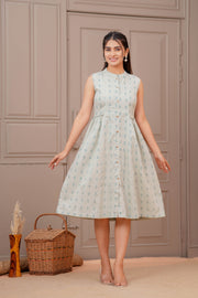 Sage Green Ethnic Printed Flared Dress for Women