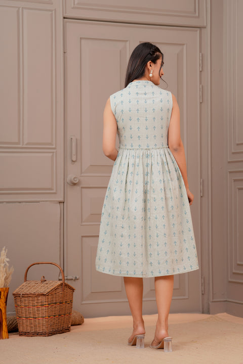 Sage Green Ethnic Printed Flared Dress for Women