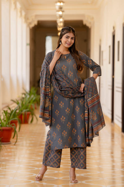 Women Grey & Gold Ethnic Motifs Print Cotton Straight Kurta Palazzos Dupatta