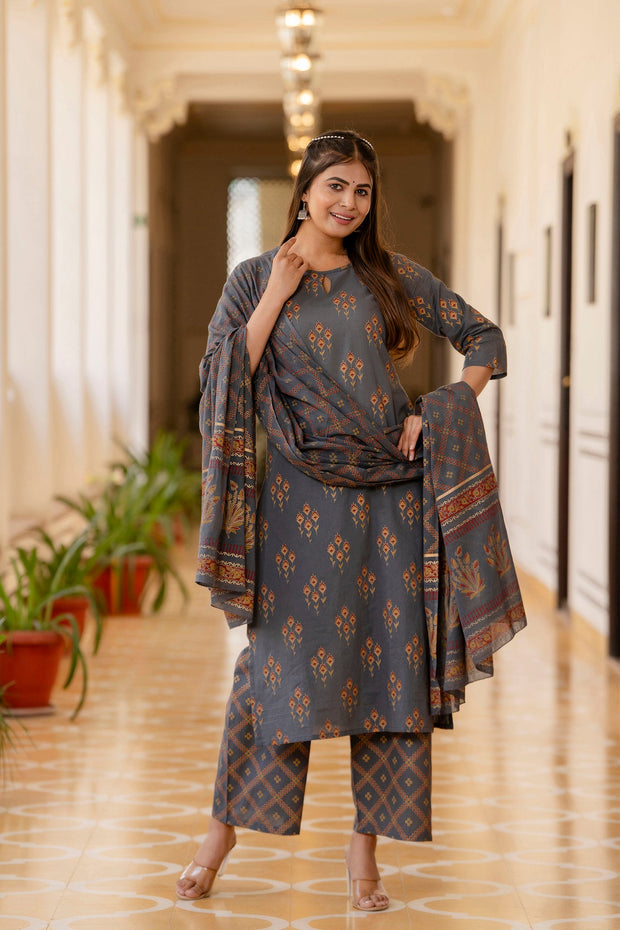 Women Grey & Gold Ethnic Motifs Print Cotton Straight Kurta Palazzos Dupatta