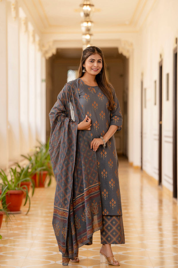 Women Grey & Gold Ethnic Motifs Print Cotton Straight Kurta Palazzos Dupatta