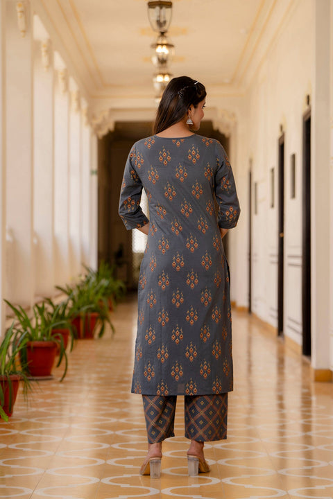 Women Grey & Gold Ethnic Motifs Print Cotton Straight Kurta Palazzos Dupatta