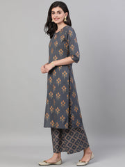 Women Grey & Gold Ethnic Motifs Print Cotton Straight Kurta Palazzos Dupatta