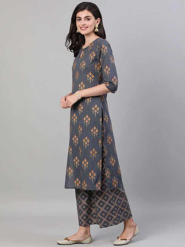 Women Grey & Gold Ethnic Motifs Print Cotton Straight Kurta Palazzos Dupatta