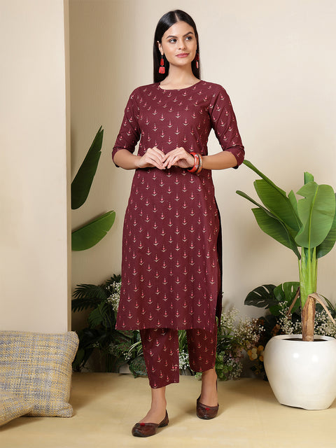 Women Wine Three-Quarter Sleeves Printed Kurta-Palazzo with pockets