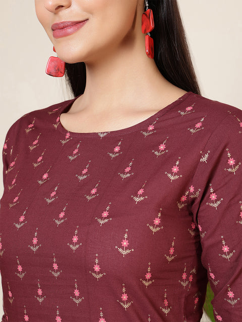 Women Wine Three-Quarter Sleeves Printed Kurta-Palazzo with pockets