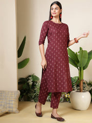 Women Wine Three-Quarter Sleeves Printed Kurta-Palazzo with pockets