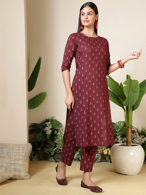 Women Wine Three-Quarter Sleeves Printed Kurta-Palazzo with pockets